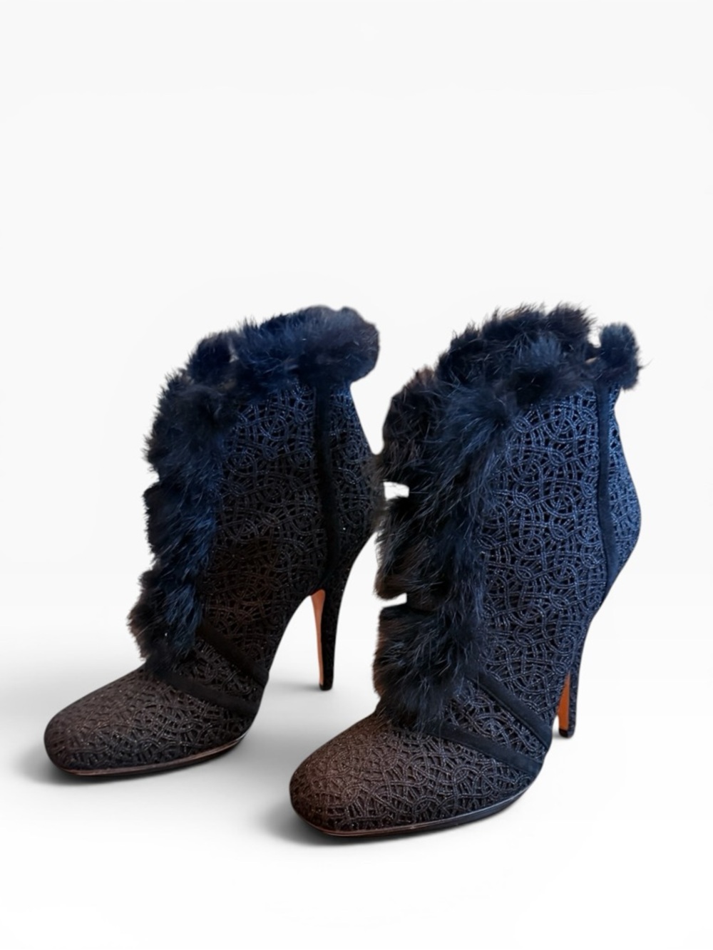 CHRISTIAN DIOR Black Lace Mesh Sparkle Fur Trim Stiletto Booties EU 40 US 10